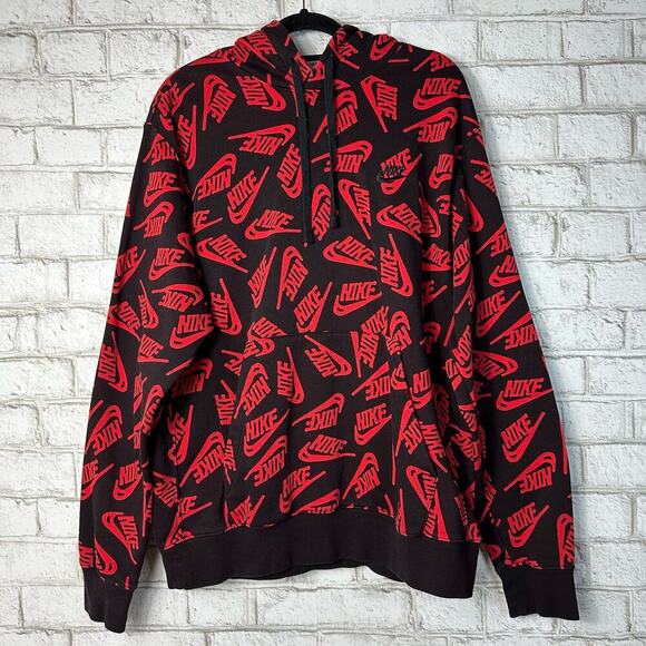 Nike Hoodie Essentials All Over Logo Sweatshirt Cotton Blend Black Red M - Picture 2 of 9